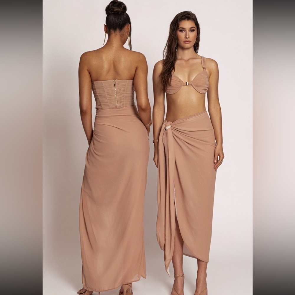 NEW JLUXLABEL Tan Uncharted Waters Mesh Sarong Maxi Hem Skirt - Picture 5 of 11